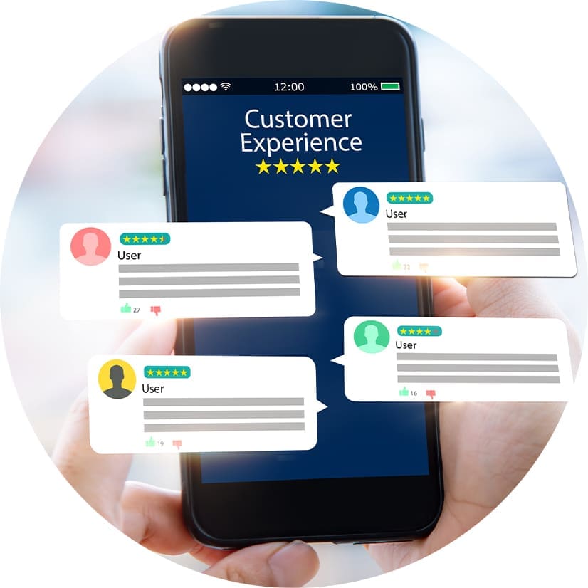 A mobile phone displaying reviews of customer experiences
